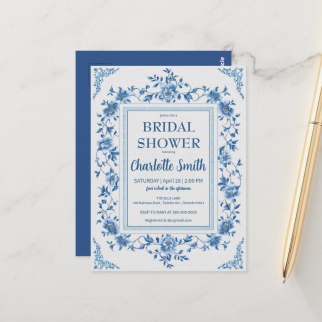 Carte Postale Simple Blue Chinoiserie Floral douche de mariée (Devant/Arrière en situation)