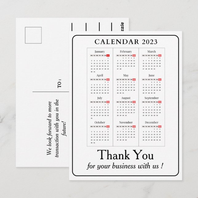 Carte Postale Simple Calendrier 2023 Merci pour l'entreprise per (Devant / Derrière)