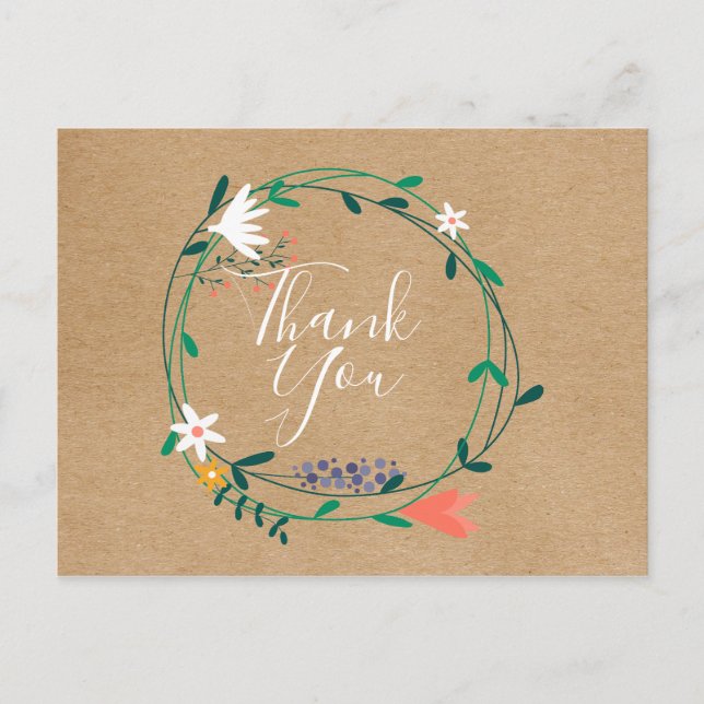 Carte Postale Simple Couronne Florale Rustique de Remerciement p (Devant)