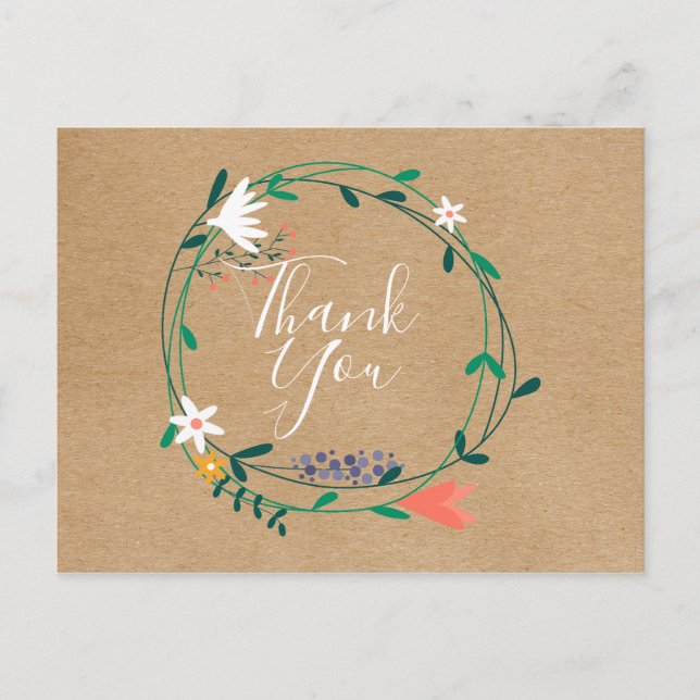 Carte Postale Simple Couronne Florale Rustique de Remerciement p (Devant)