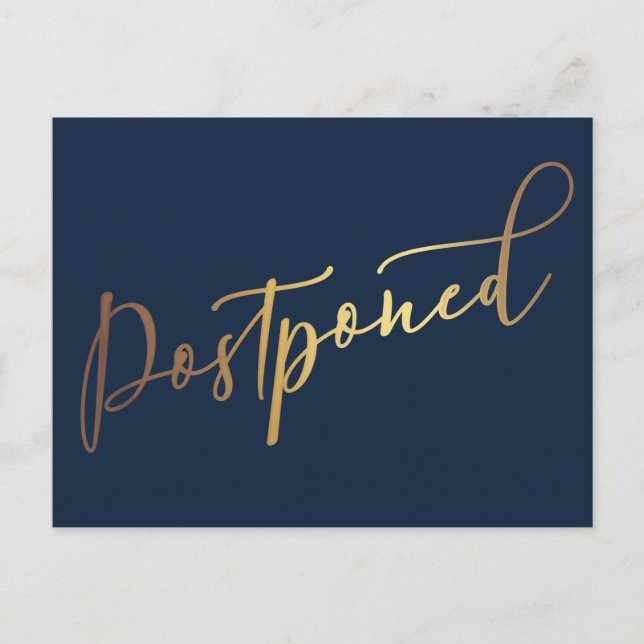 Carte Postale Simple Elegant Navy & Gold Postpond Faire-part (Devant)