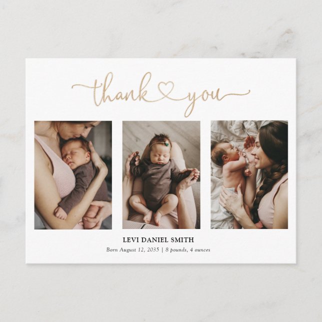Carte Postale Simple Gold Heart Script 3 Photo Baby Merci (Devant)