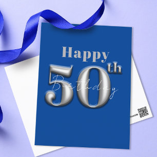 Carte Postale Simple Moderne Royal Bleu et Argent 50e Anniversai