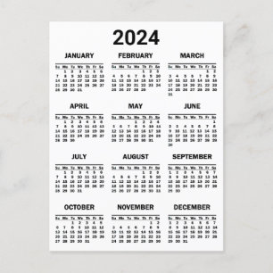 Carte Postale Simple Noir & Blanc 2024 Année en bref Calendrier