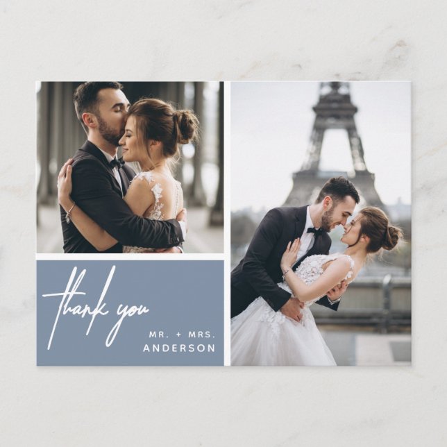 Carte Postale Simple Photo Collage Mariage Dusty Merci bleu (Devant)