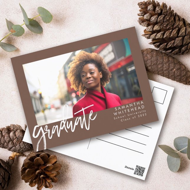 Carte Postale Simple Photo Graduate Faire-part Brown (Modern simple graduate chalk script postcard for the minimalistic grad.)