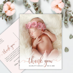 Carte Postale Simple Rose Gold Script Baby Photo Merci