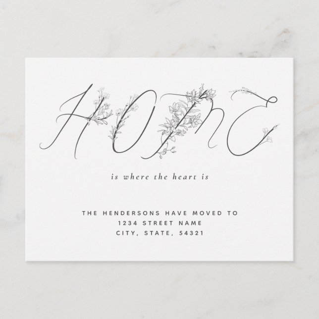 Carte Postale Simple Script Floral Nouvelle Maison Faire-part de (Devant)