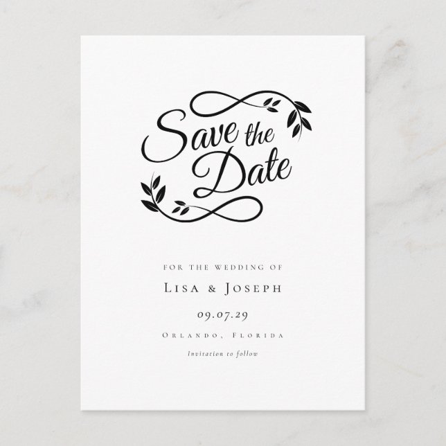 Carte Postale Simple Script Noir et Blanc Save the Date (Devant)