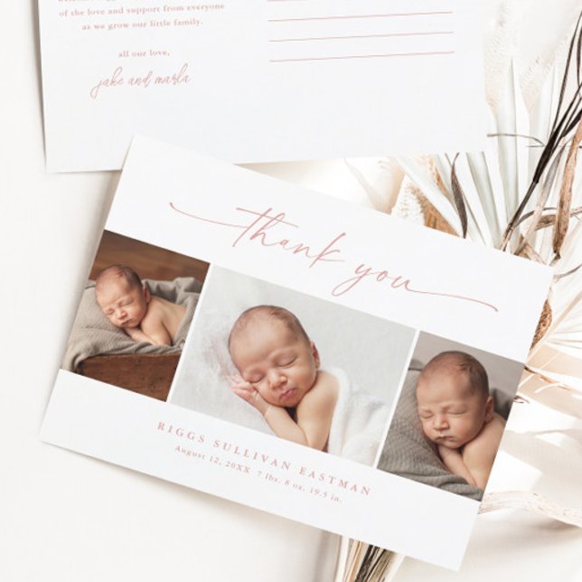 Carte Postale Simple Script Photo Collage Bébé Merci  (Dusty pink script 3 girls photo baby thank you cards.)