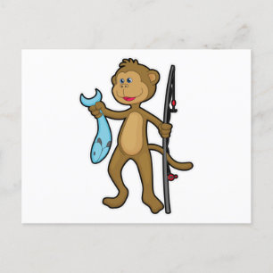 Carte Postale Singe à la pêche avec bâton de pêche et poisson