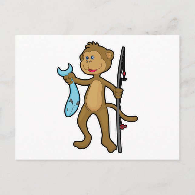 Carte Postale Singe à la pêche avec bâton de pêche et poisson (Devant)