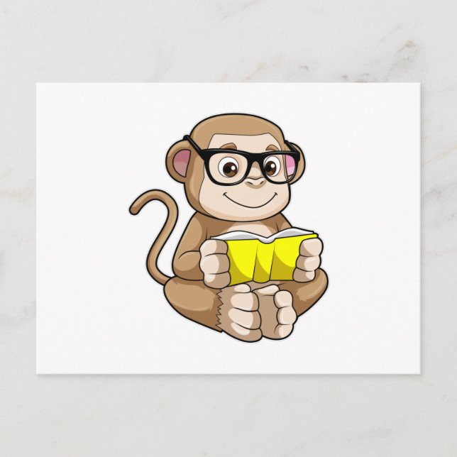 Carte Postale Singe étudiant avec lunettes et livre (Devant)