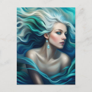 Carte Postale Sirène à cheveux bleu