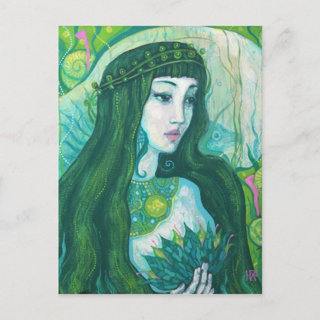 Carte Postale Sirène à cheveux vert sous l'Imaginaire sous-marin (Devant)