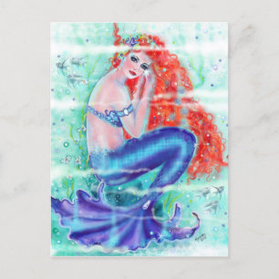 Carte Postale Sirène à tête rouge avec queue violette par Renee
