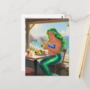 Carte Postale Sirène au café mangeant une salade