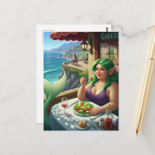 Carte Postale Sirène au café mangeant une salade Fantaisie