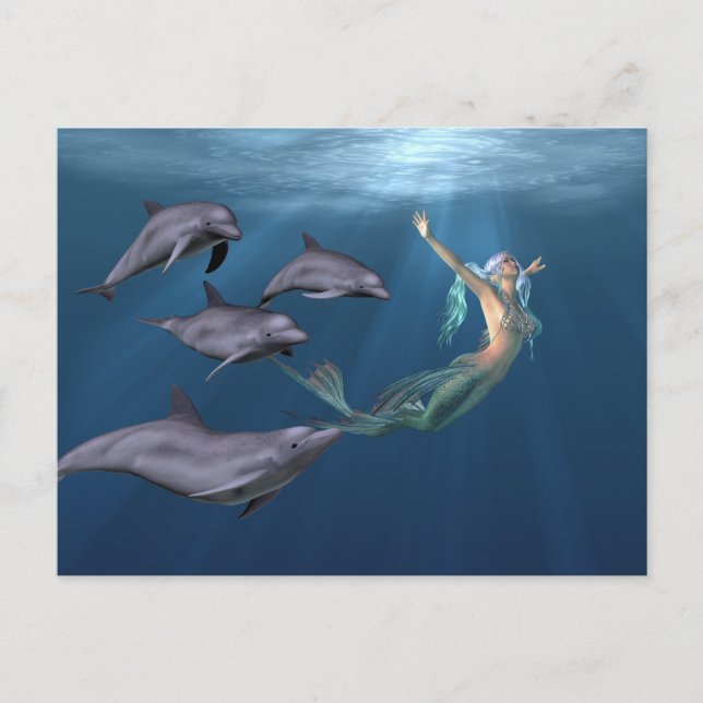 Carte Postale Sirène Avec Amis Dauphins Océan (Devant)