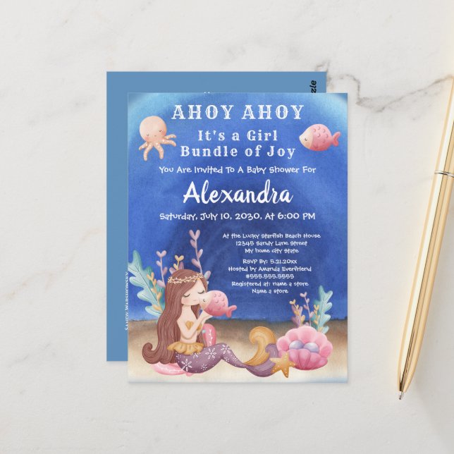 Carte Postale Sirène de Boho, Poisson tropical Baby shower de fi (Devant/Arrière en situation)