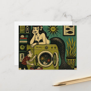 Carte Postale Sirène de mer amusante du milieu du siècle jour de