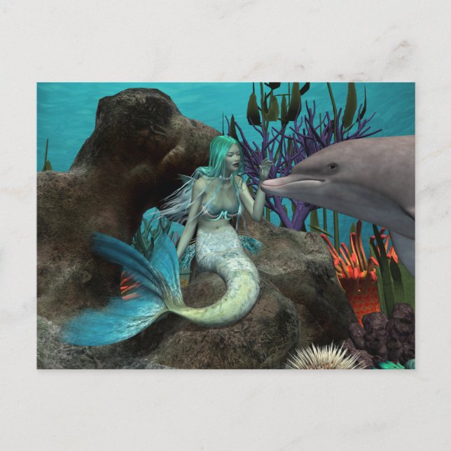 Carte Postale Sirène et dauphin sous la mer (Devant)