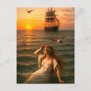 Carte Postale Sirène regardant un navire à voiles au coucher du