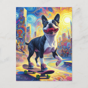 Carte Postale Skateboard coloré Surreal Boston Terrier