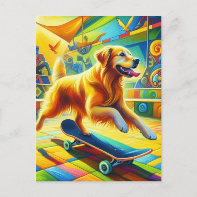 Carte Postale Skateboard Golden Retriever Chien (Devant)
