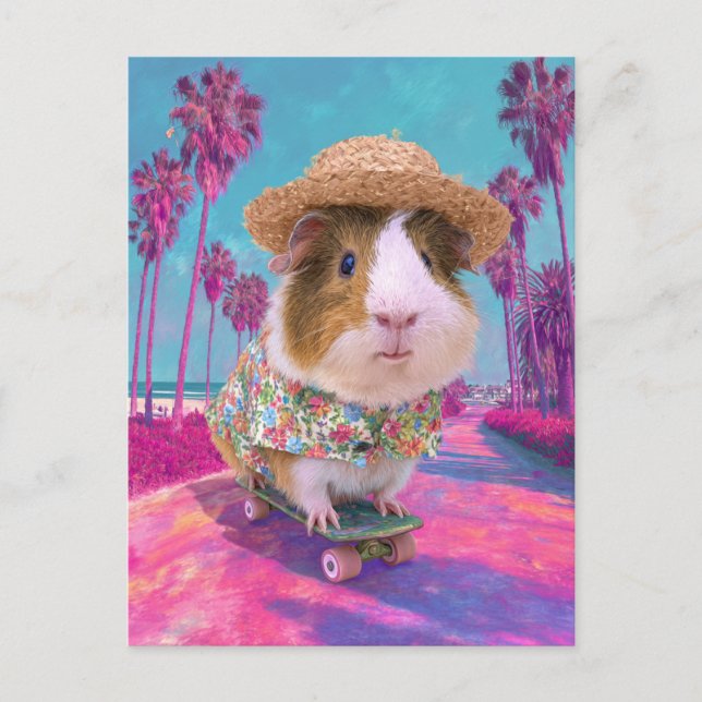 Carte Postale Skateboard Guinée Pig à la plage (Devant)