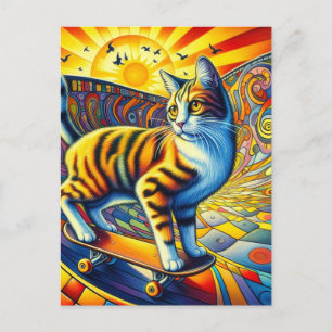 Carte Postale Skateboard Kitty Surreal Coloré et amusant