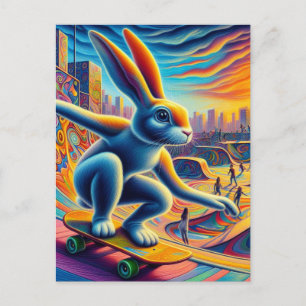 Carte Postale Skateboard Rabbit Coloré Amusement Surreal
