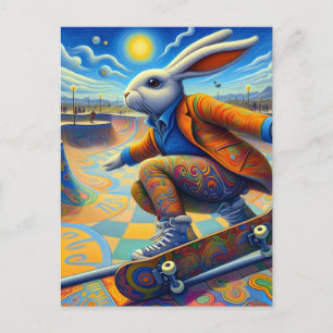 Carte Postale Skateboard Surreal Coloré et Fun Rabbit