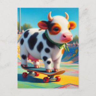 Carte Postale Skateboard Surreal Coloré et vache amusante