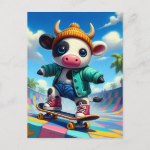 Carte Postale Skateboard Vache adorable