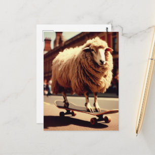 Carte Postale Skateboard White Sheep Retro Photo