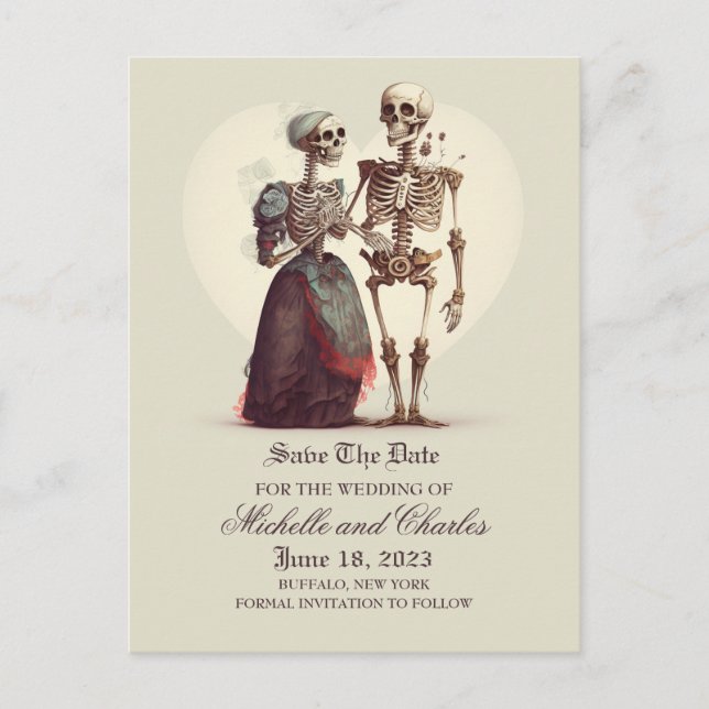 Carte Postale Skeleton Couple Enregistrer La Date Annonce (Devant)