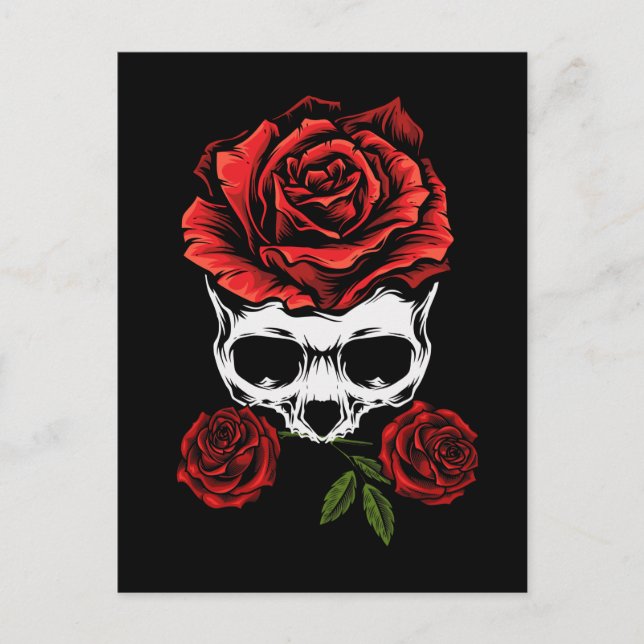 Carte Postale Skeleton Crâne avec Rose Romantique Floral Décès (Devant)