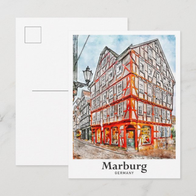 Carte Postale Sketch de l'aquarelle de voyage de Marburg Allemag (Devant / Derrière)