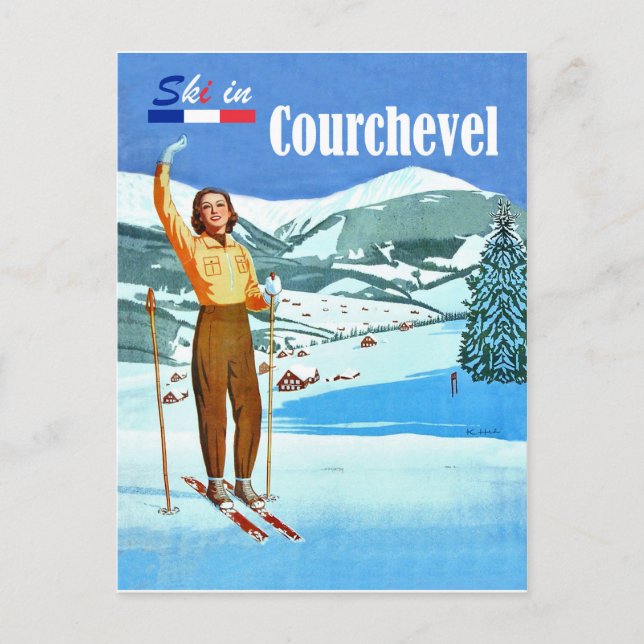 Carte Postale Ski à Courchevel, femme sur ski, France (Devant)