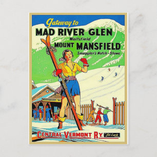 Carte Postale ski de voyage vintage du Vermont