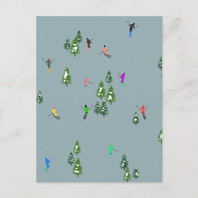 Carte Postale Ski d'ouverture Noël Ski de vacances Skieurs Bleu (Devant)