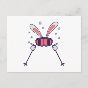 Carte Postale Ski Rabbit avec bâtons de ski et lunettes de ski