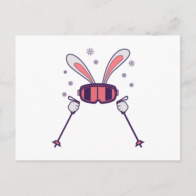 Carte Postale Ski Rabbit avec bâtons de ski et lunettes de ski (Devant)