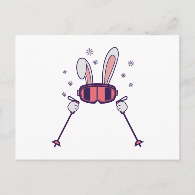 Carte Postale Ski Rabbit avec bâtons de ski et lunettes de ski (Devant)