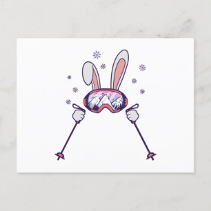 Carte Postale Ski Rabbit avec bâtons de ski et lunettes de ski