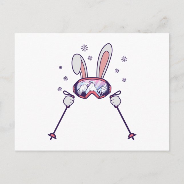 Carte Postale Ski Rabbit avec bâtons de ski et lunettes de ski (Devant)