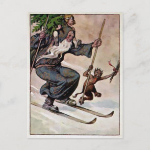 Carte Postale Ski vintage Père Noël et Krampus