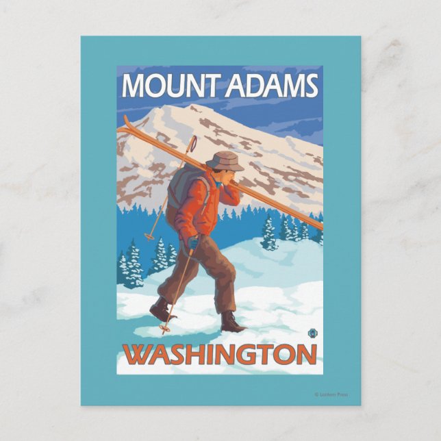 Carte Postale Skier transportant ski de neige - Mont Adams, WA (Devant)