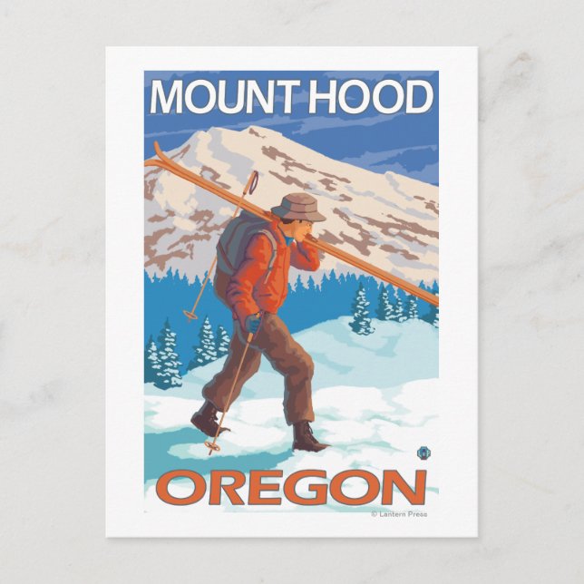 Carte Postale Skier transportant ski de neige - Mont Hood, OU (Devant)